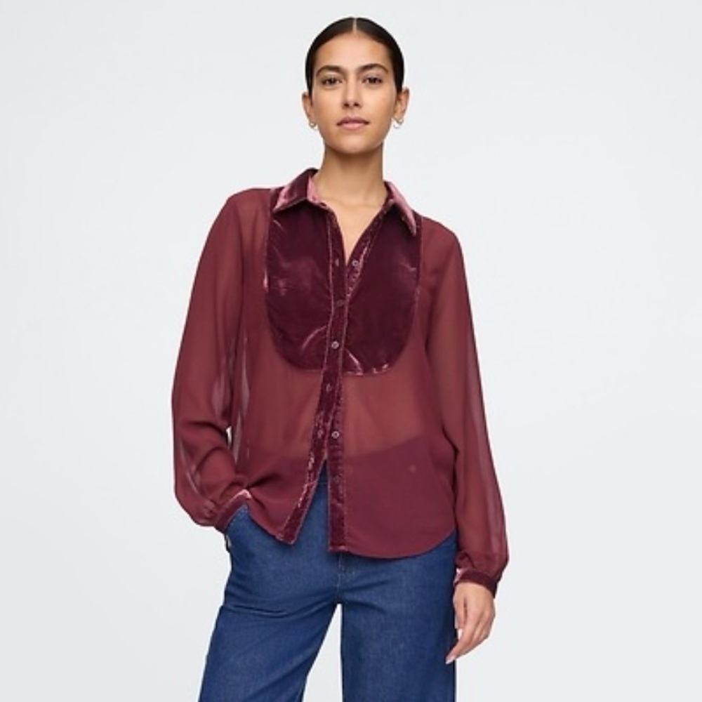 GAP Burgundy Velvet Yoke Sheer Button Down Long Sleeve Shirt